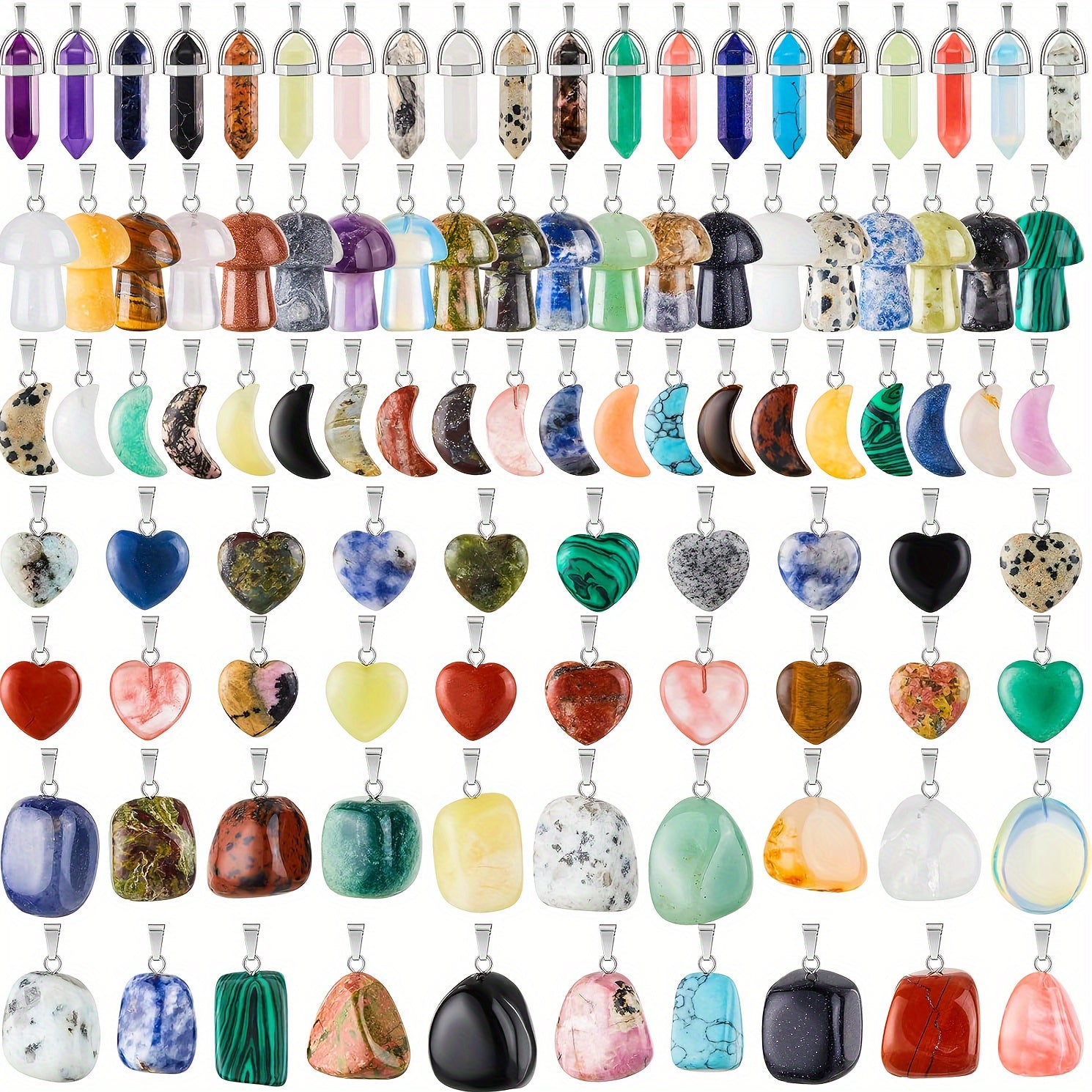 50pcs Natural Stone Charms, Irregular Stone Pendants, Moon Mushroom Charms, Colorful Beads, Mixed Bulk for Jewelry Making, DIY Bracelets Earrings