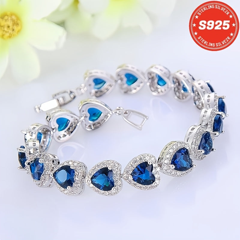S925 Pure Silvery Fashionable And Exquisite- High-end Blue Heart-shaped Full-Moissanite Bracelet- Suitable For Giving To Sisters, Mothers, Anniversary, Christmas, Thanksgiving, Valentine'S Day, Total Weight Of The Product (4.11g)