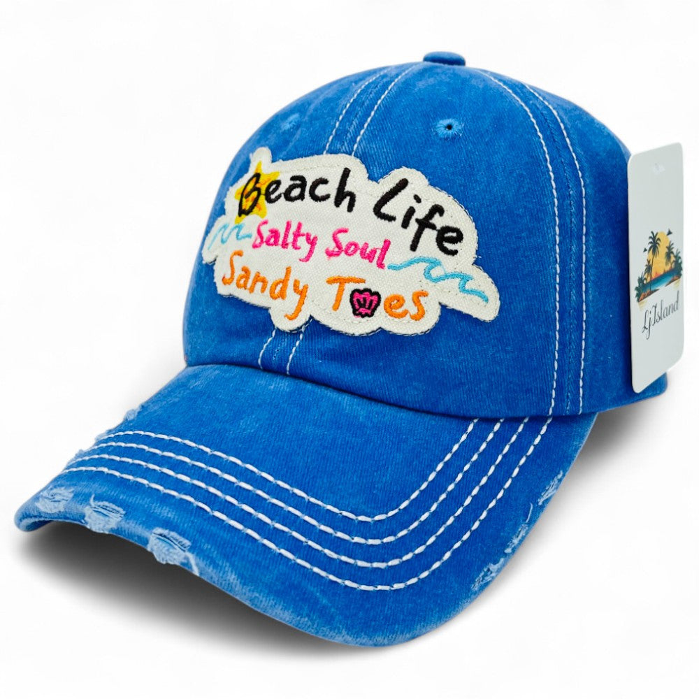 "Beach Life Salty Soul Sandy Toes" Baseball Cap-Local Artist Designed, Vintage, Distressed, Embroidered, 100% Cotton, UV Protection, Adjustable