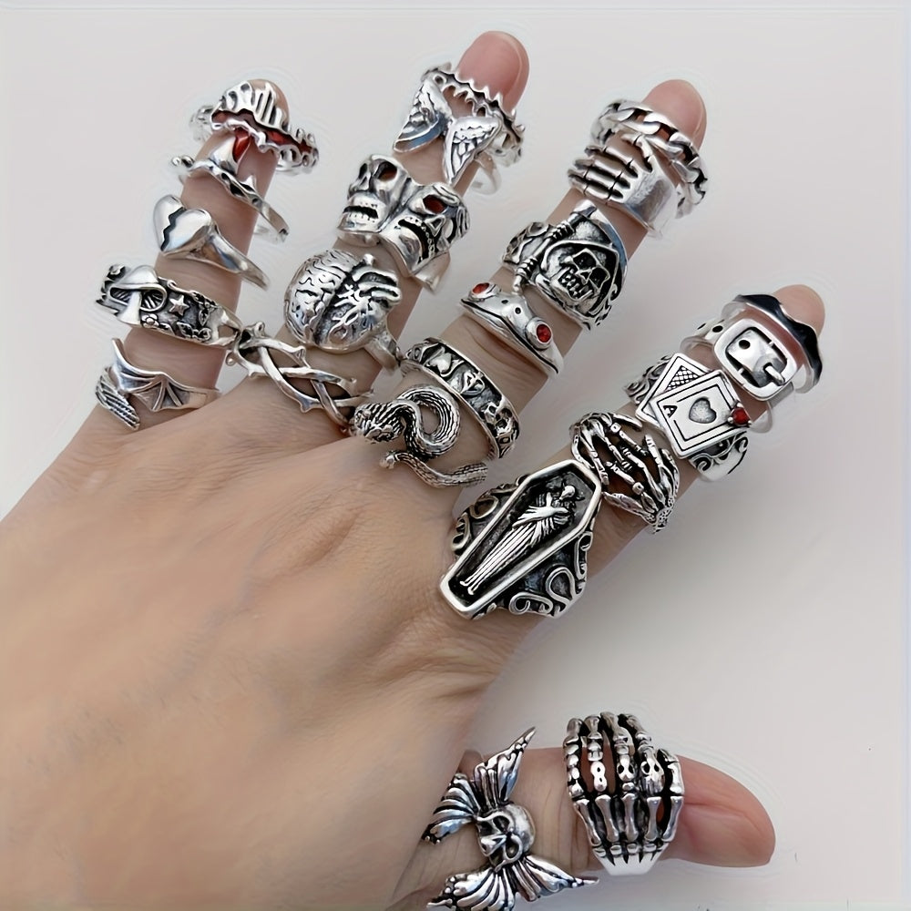 [24pcs Punk Ring Set] 24pcs Random Retro Punk Ring Set, Dark Style Spider Skull Cross Jewelry, Suitable for Daily And Party Wear, Trendy Accessories