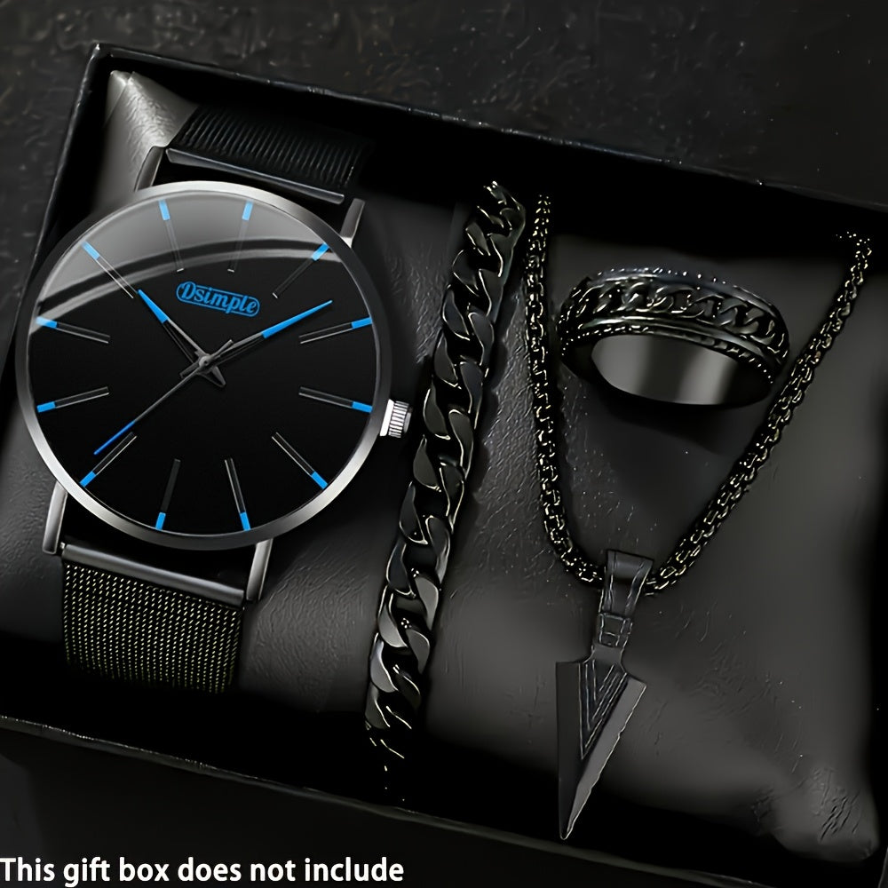 4pcs Men's Watch + Triangle Spearhead Necklace Set, Casual Business Quartz Men Watches, Fashion Accessories, Suitable for Any Occasion, Gifts for Men