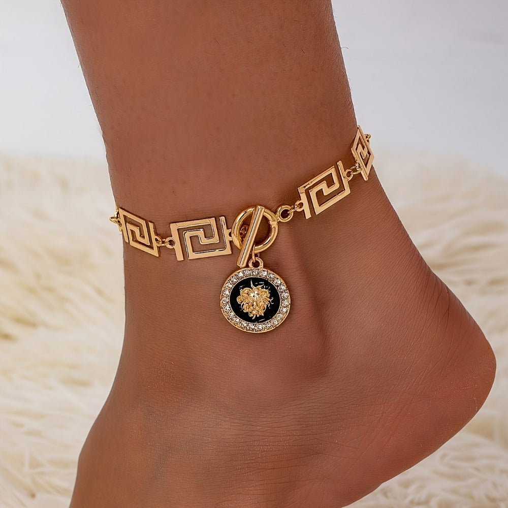 Golden Bohemian Lion Head Pendant Stainless Steel Ankle Chain, Paired with Black - Women's Fashion Casual Wear, Stainless Steel Chain, with a Gift Bag
