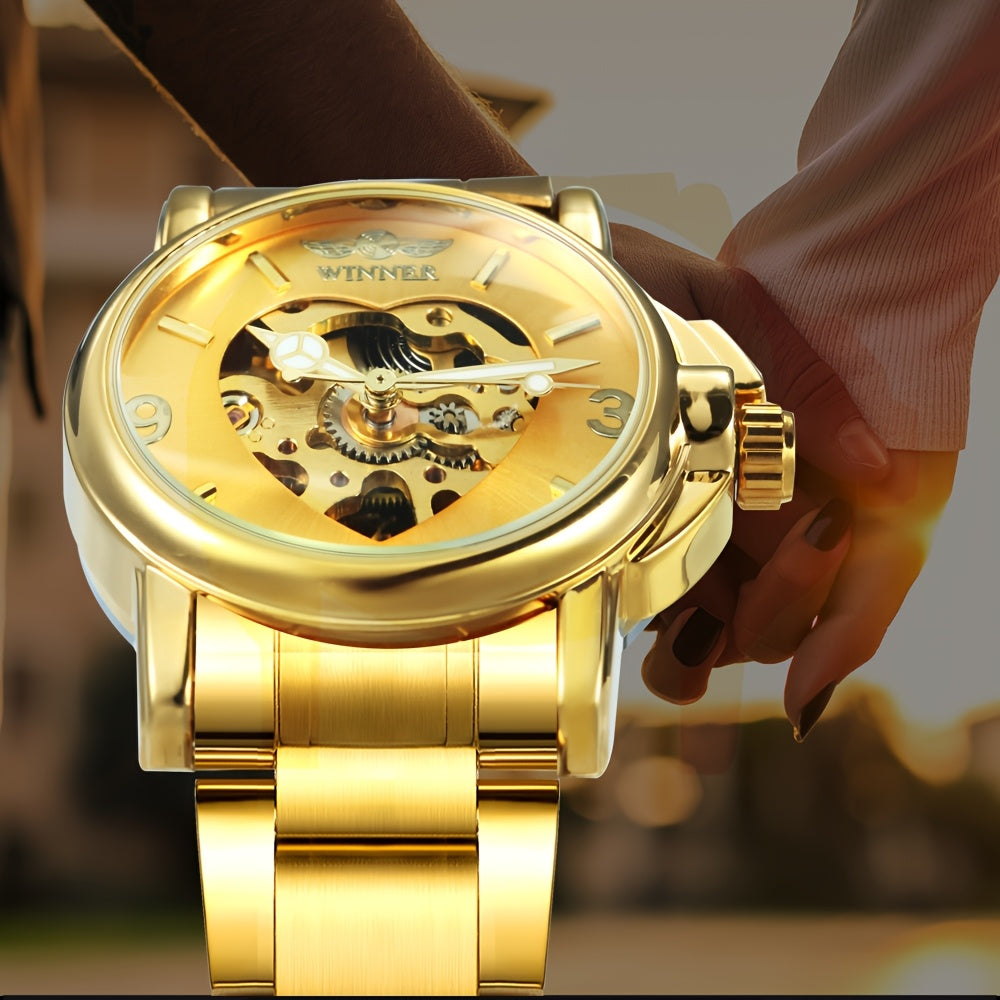 T-WINNER Luxury Golden Skeleton Automatic Mechanical Watch with Luminous Heart Dial, Royal Golden & Stainless Steel Band - Elegant Casual Wristwatch for Christmas, Thanksgiving, Birthday Gifts, Special Occasion Wristwatches