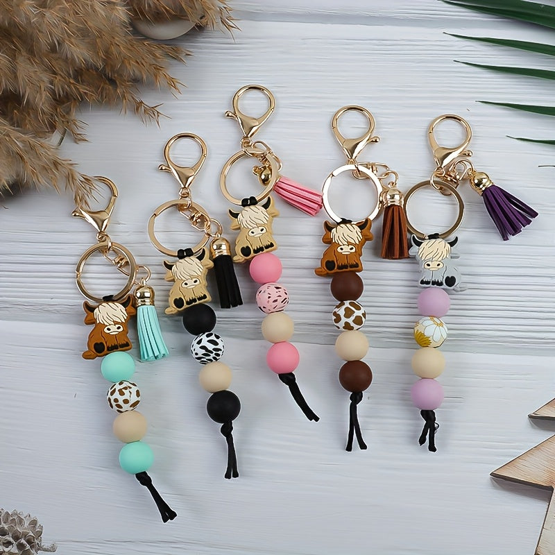 5pcs/set Western Cowboy Style High Ground Bull Bead Keyring/Keychain, Perfect Holiday Gift