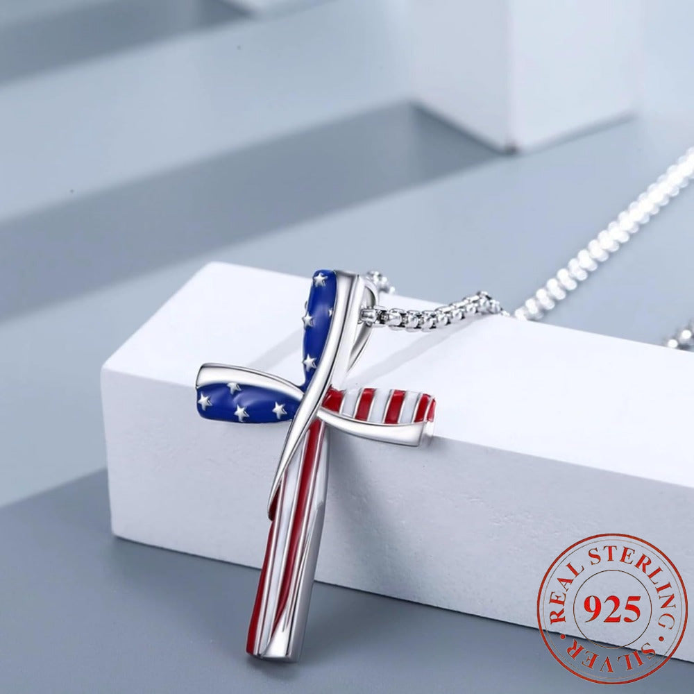 925s Patriotic Cross Pendant Necklace, Red, White, Blue Star Spangled Banner, American Flag, Independence Day, Suitable for Any Occasion, Best Choice for Gift Giving