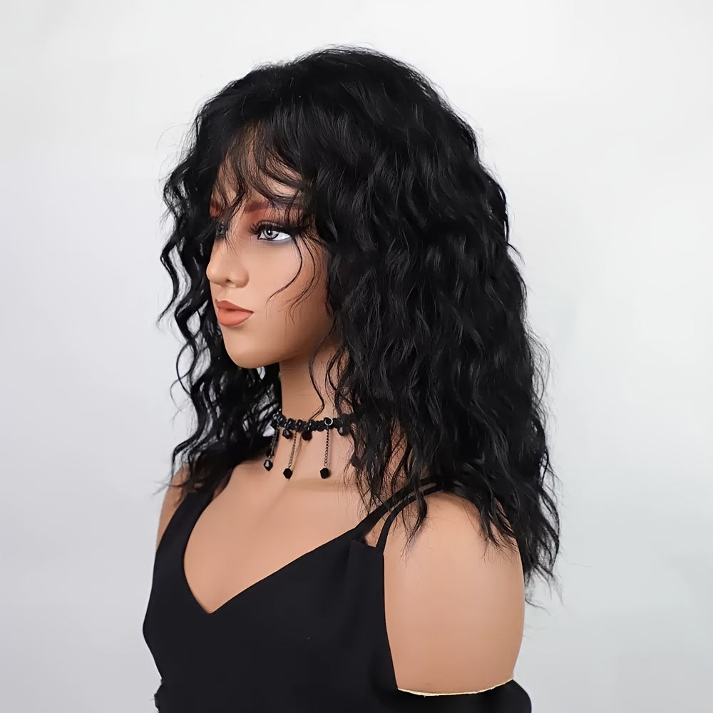 Costume Wig, 1 Elegant 18 Inch Black Curly Wig with Bangs - Heat-resistant Synthetic Fiber, 150% Density Water Wave, Rose Mesh Cap Securely Fixed, Unisex, Daily and Halloween Use, Suitable for All Races, Wig Strap, Multifunctional Hair Accessory