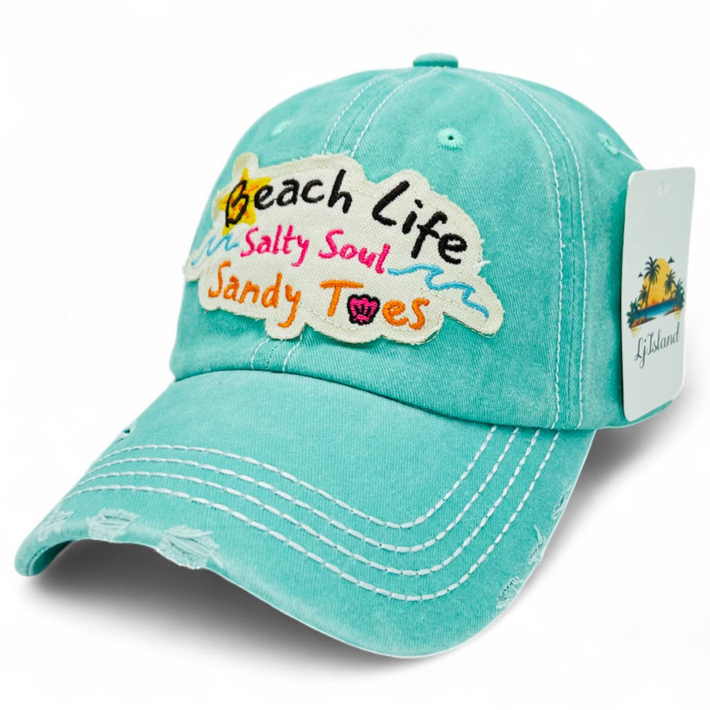 "Beach Life Salty Soul Sandy Toes" Baseball Cap-Local Artist Designed, Vintage, Distressed, Embroidered, 100% Cotton, UV Protection, Adjustable