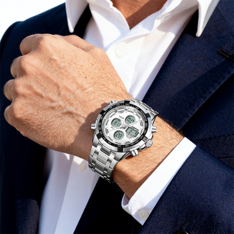 [Luxury Sport Watch] JOEFOX Men's Luxury Analog-Digital Sport Watch - Large Face Dual Display, Stainless Steel Band, LED Backlight 3ATM Waterproof Chronograph And Alarm Wristwatch