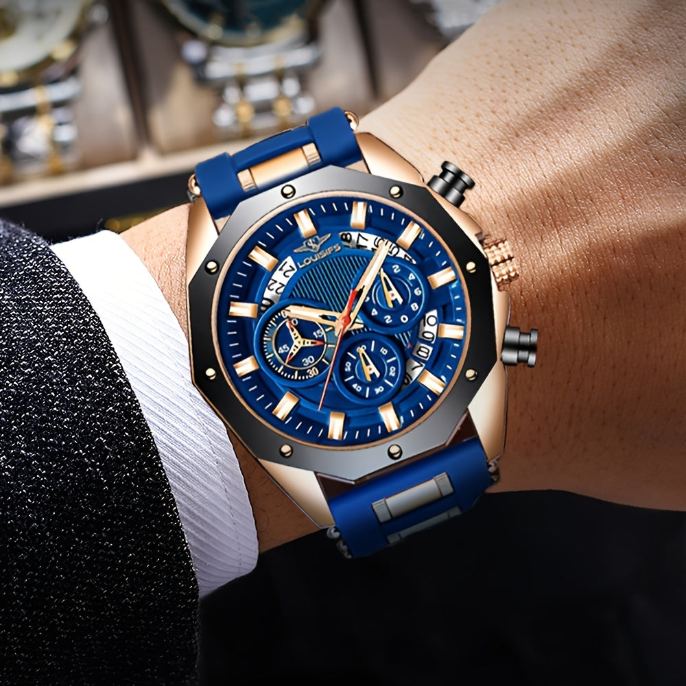 Men's Luxury Large Dial Chronograph Wristwatch - Blue & Golden Analog Watch with Day/Date/Month Display, Quartz Movement, 24H Chronograph, High Quality 1181.1inch, Elegant Brown Strap & Golden Buckle, Multi-Functional Business & Sports Watch for Formal &