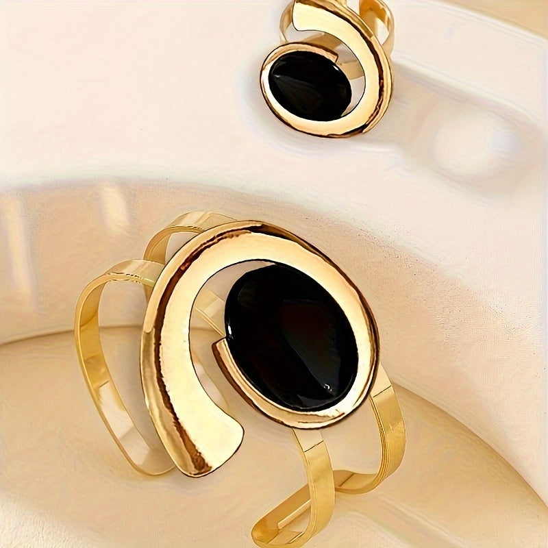 [Fashion Jewelry Set] 1 Ring and Bracelet Set | Women's Fashion Jewelry Retro Geometric Black Acrylic for Everyday All-in-One Party Gifts - Local Warehouse