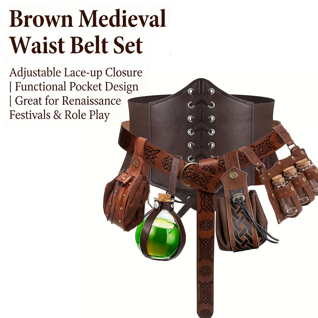 Set of 6pcs, Renaissance-Style Corset Costume Featuring a Medieval Belt And Pouches, Along with Cork Bottle And Waist Guard Additions, Perfect for Halloween, Christmas, LARP, Role-Playing Outfits, Party Decorations, Photography Props