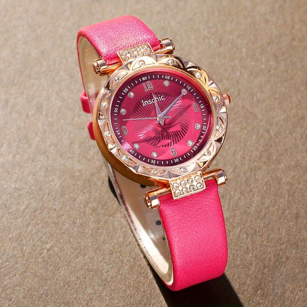 5pcs Rose Red Round Quartz Watches, Dial And Rhinestone Necklace Earrings Ring, Unique New Year, Christmas and Birthday Gifts