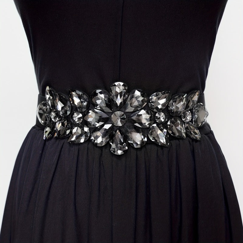 Ladies Fashion Shiny Big Bead Glass Synthetic Gem Exaggerated Gorgeous Style Dinner Stretch Belt