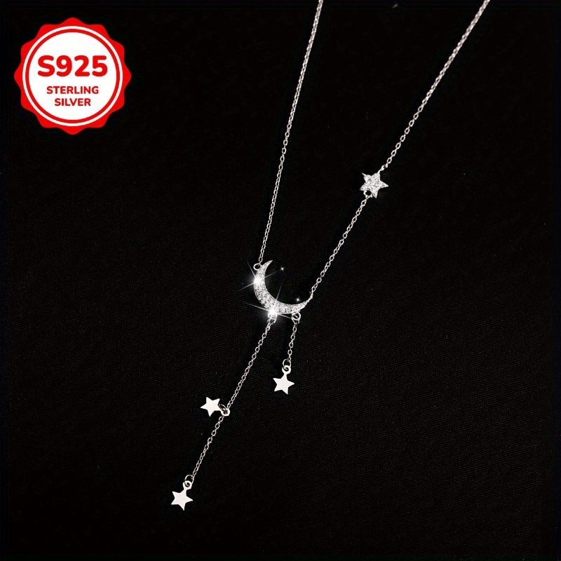 [Mother's Day Gift] Sterling Silvery S925 Boho Cute Moon And Star Tassel Pendant Necklace, Elegant Fashion Jewelry For Women, Hypoallergenic, Daily & Gift Occasion, Mother's Day, All-Season