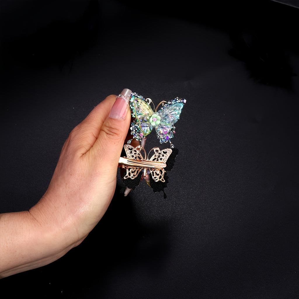 12pcs/set New Luxury Shiny Sequin Double-layer Butterfly Clip, Women'S Fashionable Double-layer Acrylic Butterfly Hair Clip, Suitable For Daily And Holiday Party Wear, Women'S Y2k Headwear Hair Accessories