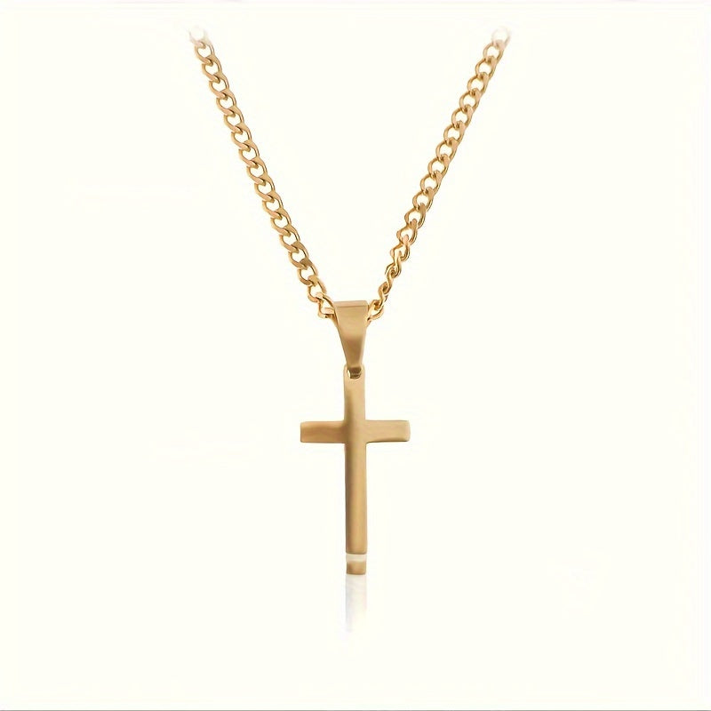 1 men's fashionable cross pendant necklace, plated with 18K golden Cuban chain, stainless steel men's minimalist casual necklace