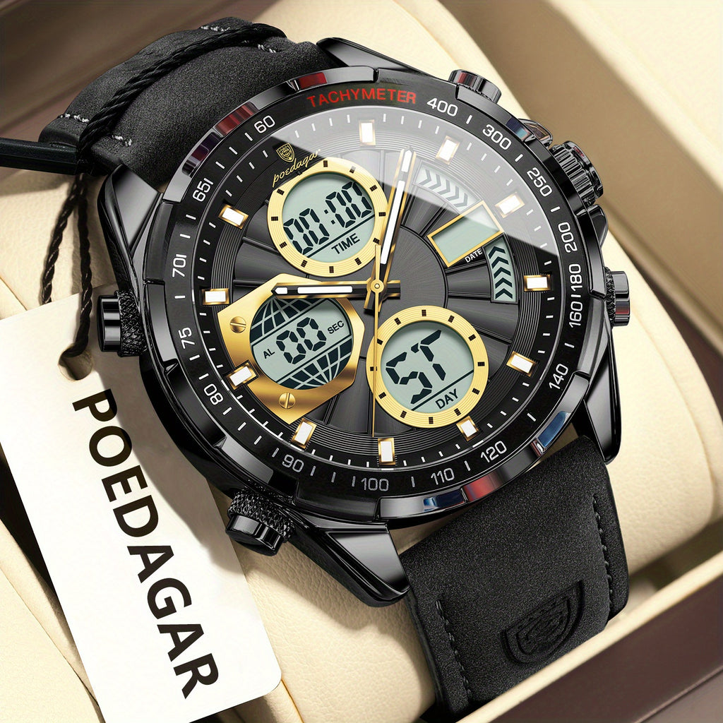 [Sleek Stylish Watch] The POEDAGAR Men's Watch Features a Sleek And Stylish Design Suitable for Casual Attire, Equipped with a Quartz Movement, Alarm Clock, Calendar, And Waterproof Capabilities, Offering Both Analog And Digital Displays