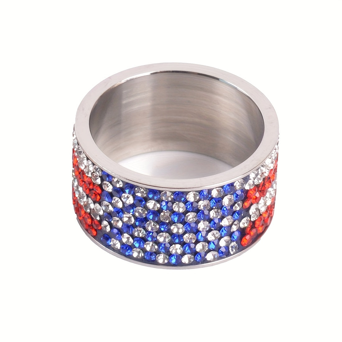 Patriotic Stainless Steel Rings with Rhinestone Accents - American Flag Design Jewelry Gift for Men And Women