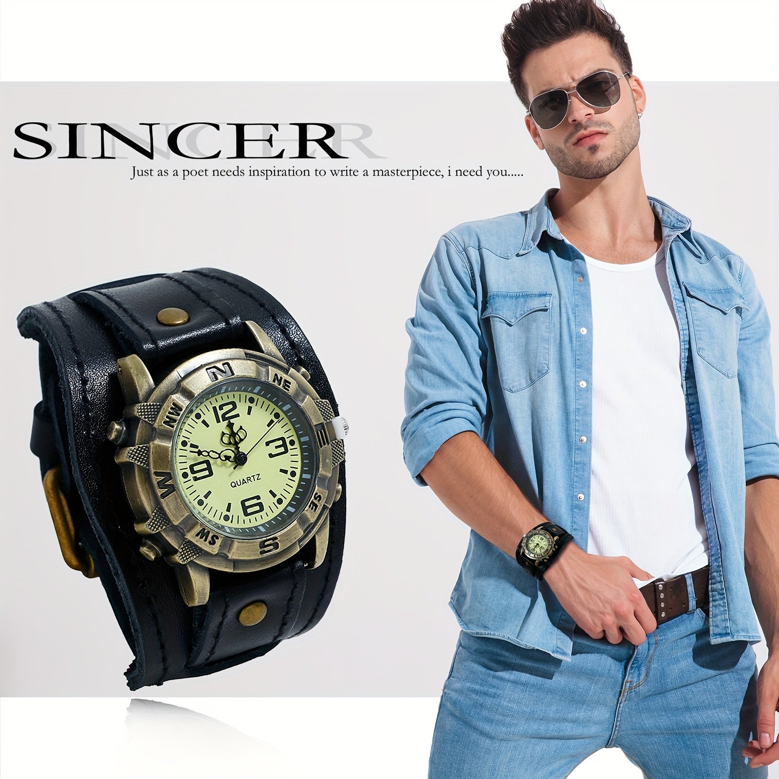 Vintage Steampunk Wide Leather Strap Analog Quartz Watch, Biker Watch, Round Case, For Men And Women, Halloween Christmas Father'S Day Mother'S Day Gift