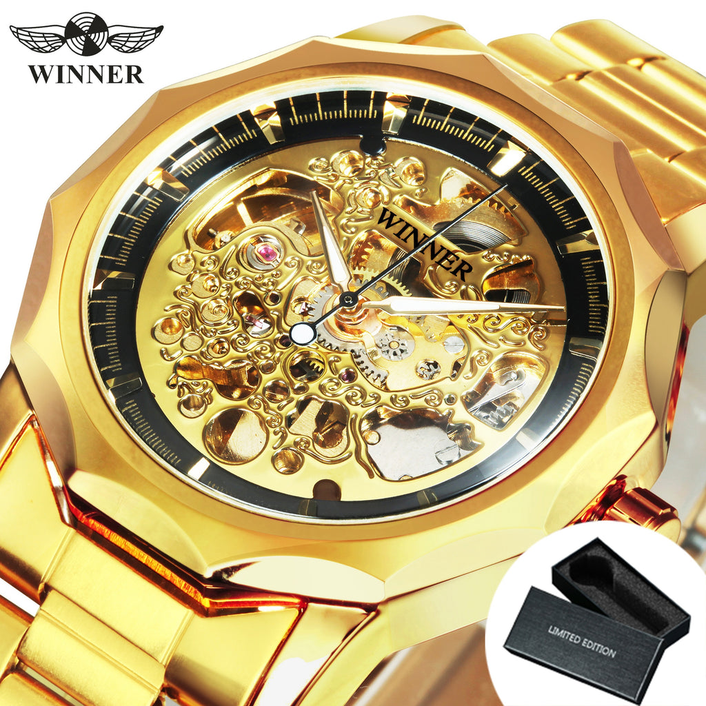 1pc Men's Luxury Golden Skeleton Automatic Mechanical Watch with Luminous Hands, Stainless Steel Band, And Unique Irregular Case - Elegant Business Casual Style, Perfect for Anniversary, Christmas, Valentine's Day, Or Birthday Gifts