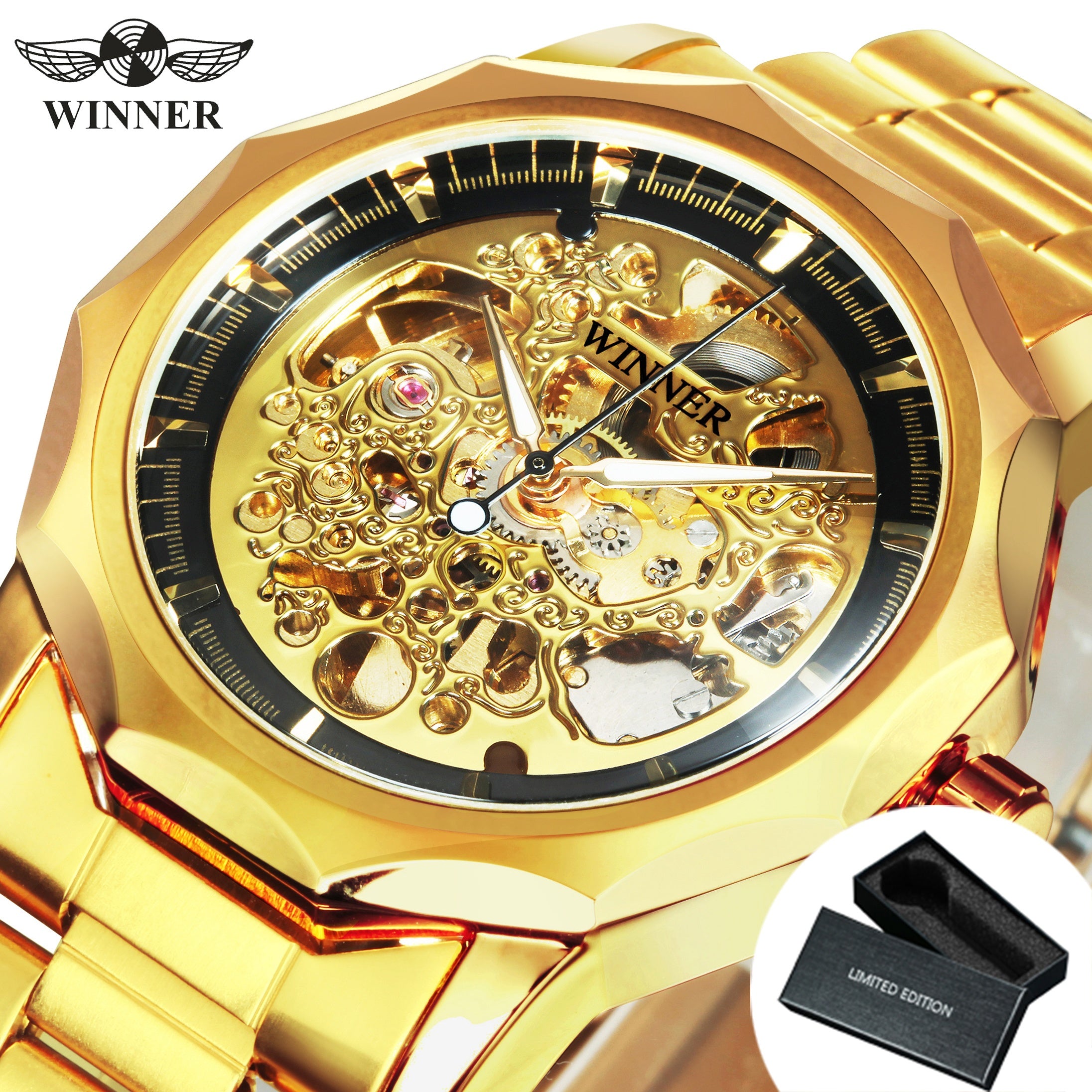 1pc Men's Luxury Golden Skeleton Automatic Mechanical Watch with Luminous Hands, Stainless Steel Band, And Unique Irregular Case - Elegant Business Casual Style, Perfect for Anniversary, Christmas, Valentine's Day, Or Birthday Gifts