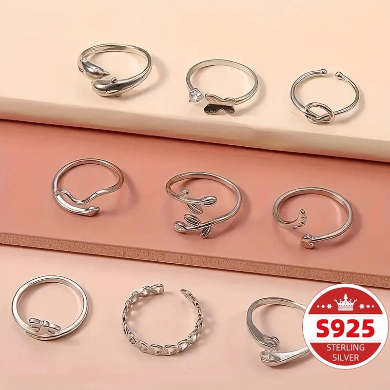 9pcs S925 Sterling Silver Adjustable Foot Ring Set Snake Butterfly Dragonfly Dolphin Heart Leaf Etc Shape Foot Ring Set for Women