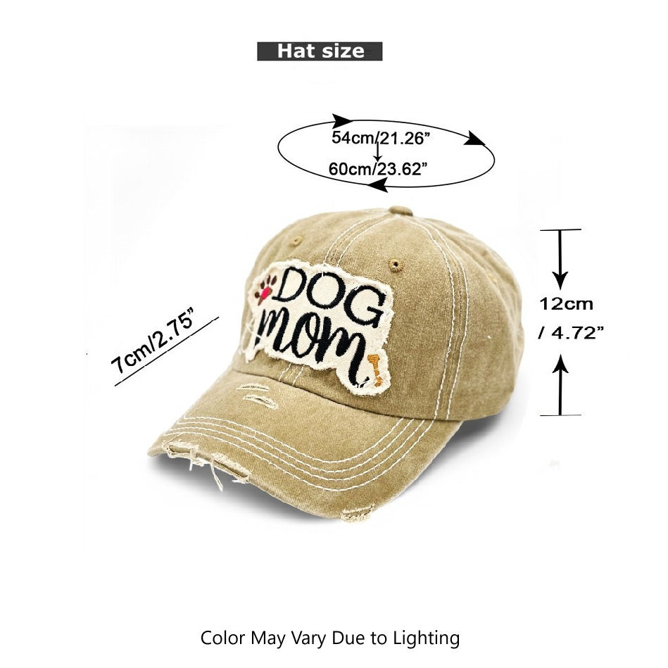 "Dog Mom" Paw and Bone Vintage Distressed Embroidered Baseball Cap For Women - 100% Cotton, Breathable, Casual, Adjustable, UV Protection