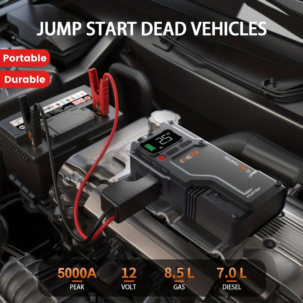 Jump Starter with Air Compressor, Portable Car Jump Starter, 5000A&7000APeak, Jump Starter Battery Pack With150PSI Digital Tire Inflator, Car Battery Jump Starter for 10.L Gas Or 2.38gal Diesel Fast Charging USB Output, LED Emergency Lighting
