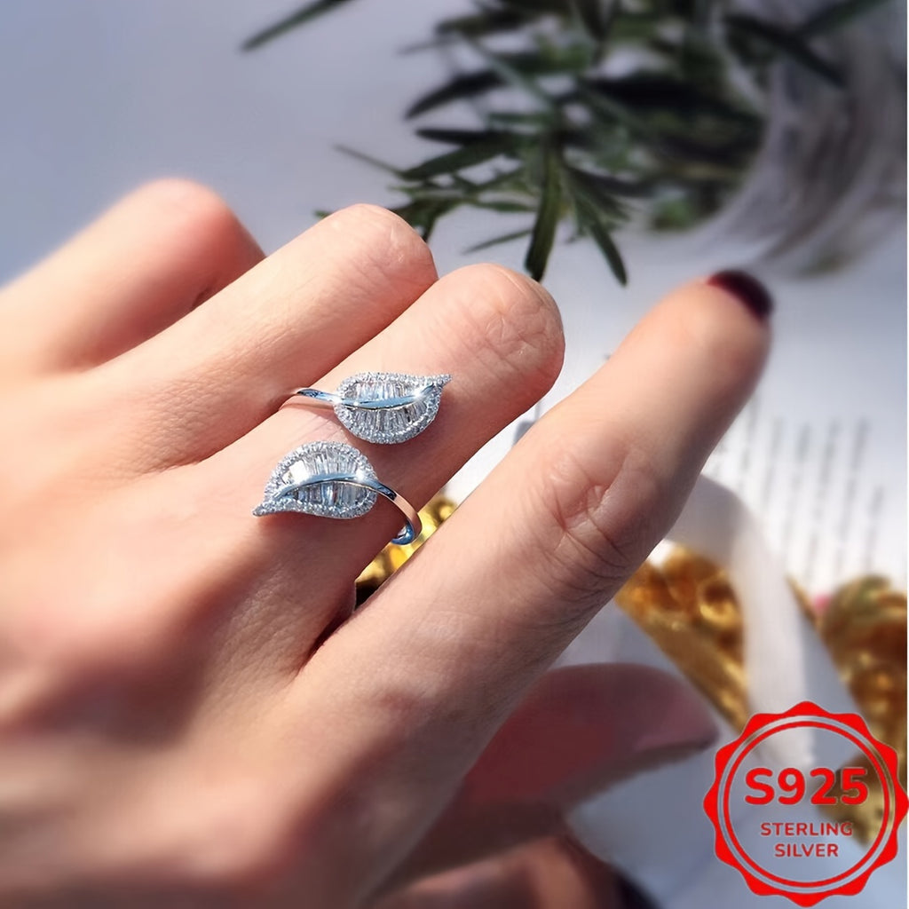 925 Sterling Silver, Hypoallergenic, Elegant Leaf Shaped Ring Set with Shiny Synthetic Cubic Synthetic Zirconia | Suitable for Daily and Holiday Wear, the Best Choice for Gift Giving