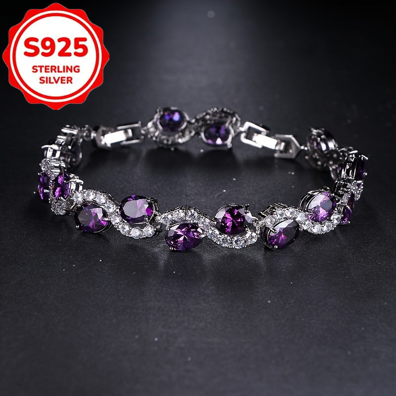 S925 Silver Sparkling Luxury Purple Oval Chain Bracelet - Exquisite Craftsmanship and Dazzling Artificial Crystal - Fashion Accessories for birthdays and anniversaries