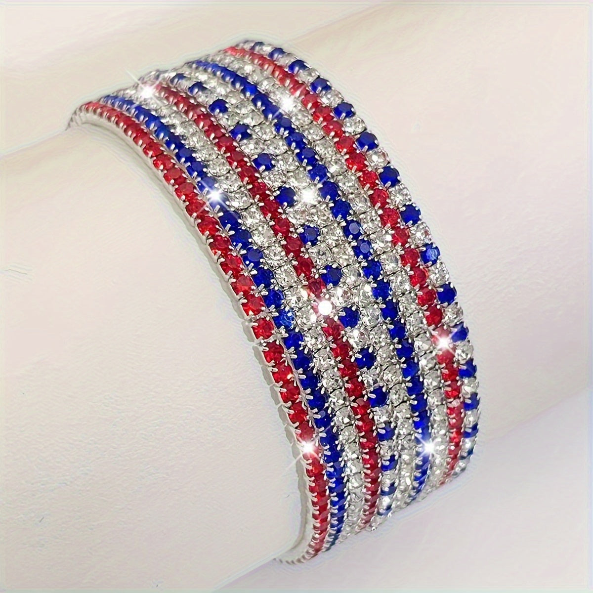 Lots 10pcs Independence Day USA Red White Blue Rhinestone Stretch Bracelets Set Women/ Men Silvery Plated Copper Elastic Exquisite Shiny Handmade Sparkling Rhinestone Multi-layer Bracelets Minimalist Vintage Stackable Wristband Bracelet Set Jewelry