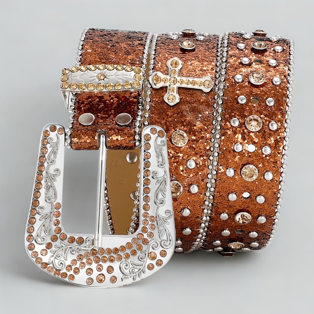 1pc WHIPPY PU Leather Belt Suitable for Men & Women - Rhinestone Studded Punk Carved Buckle Belt with Sky Rhinestone Carvings, Unisex Western Festival Accessories, Hip-Hop Belt for Costumes, Parties, Daily Wear