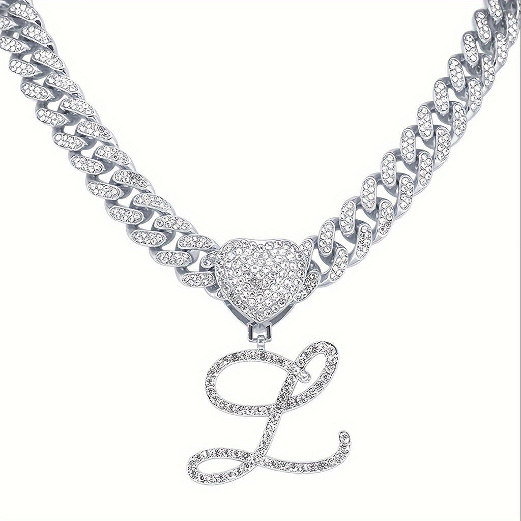 [Heart Letter Necklace] 1pc Silvery Cuban Chain Heart Shaped Letter Pendant Necklace | Initial Letter Necklace for Men And Women - Hip Hop Jewelry Gift
