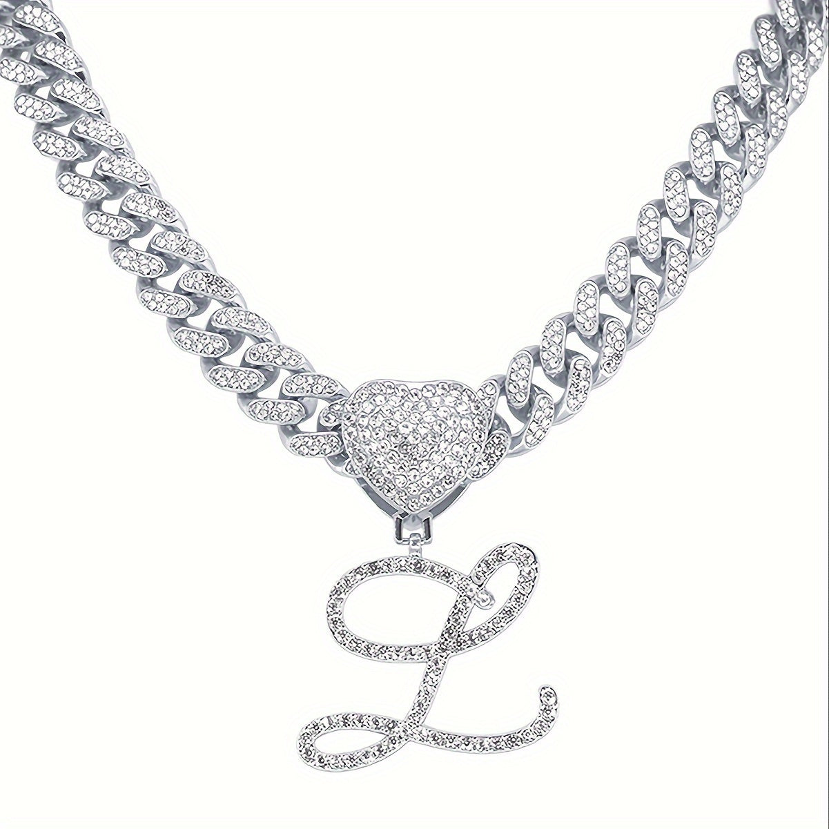 [Heart Letter Necklace] 1pc Silvery Cuban Chain Heart Shaped Letter Pendant Necklace | Initial Letter Necklace for Men And Women - Hip Hop Jewelry Gift