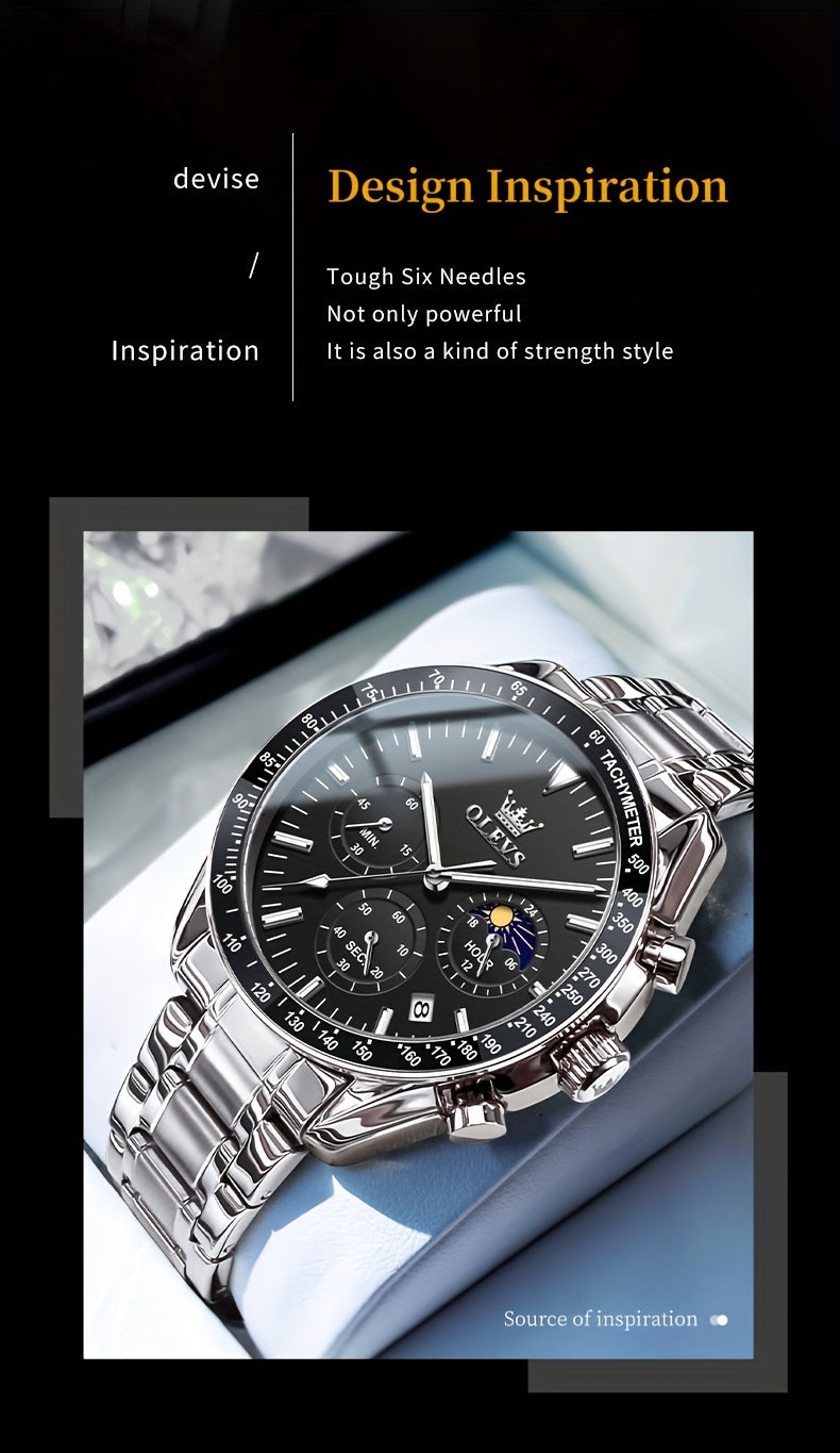 OLEVS Men's Watches Chronograph Multifunction Sport Watches Classic Casual Luxury Dress Moon Phase Analog Quartz Stainless Steel Male Watches Wrist Watches for Man Relojes Para Hombre Black/Blue/Golden Dial