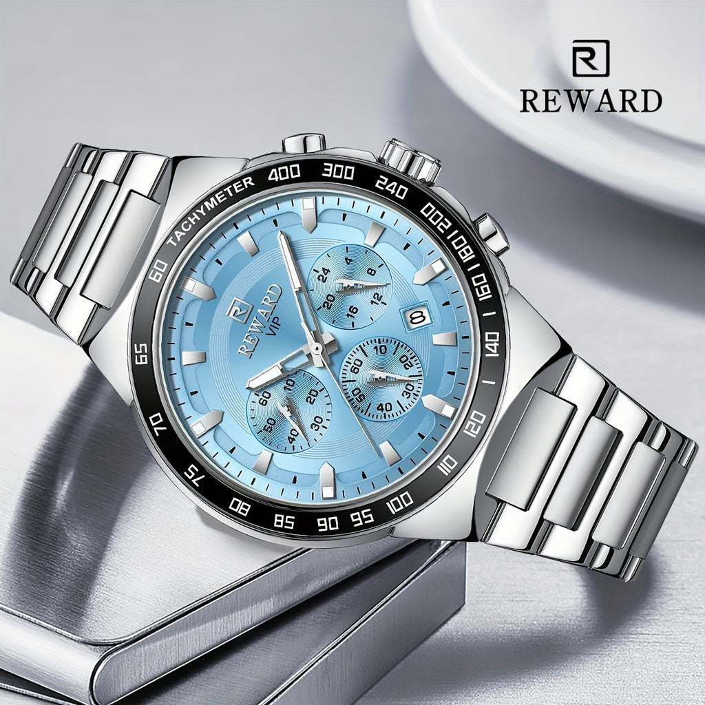 REWARD VIP Ice -Blue Quartz Watches For Men Sport Chronograph Luminous Wrist Watches Stainless Steel Wristwatch