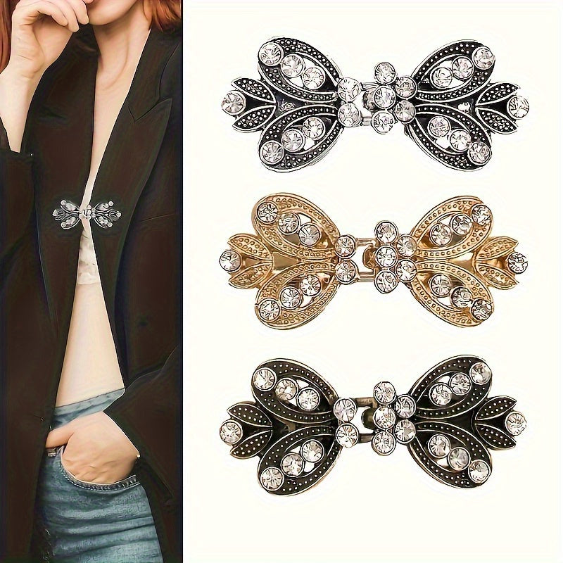 3pcs Elegant Sweater Clips With Water Drill, Vortex Clip, Cloak Clip, Vintage Cardigan Clip, Shawl Clip, Dress Clip, Shirt Clip, Sweater Clip - Suitable For Ladies' Jackets, Scarves, Etc.