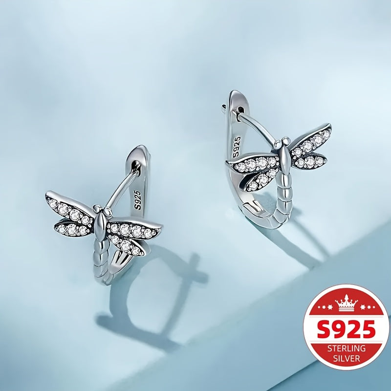 S925 Sterling Silvery Exquisite Dragonfly Hoop Earrings - Hypoallergenic, Shiny Zirconia Inlaid, Cute Simple Style, Trendy Female Gift - Perfect For Sensitive Skin, Casual Attire, And Special Occasions