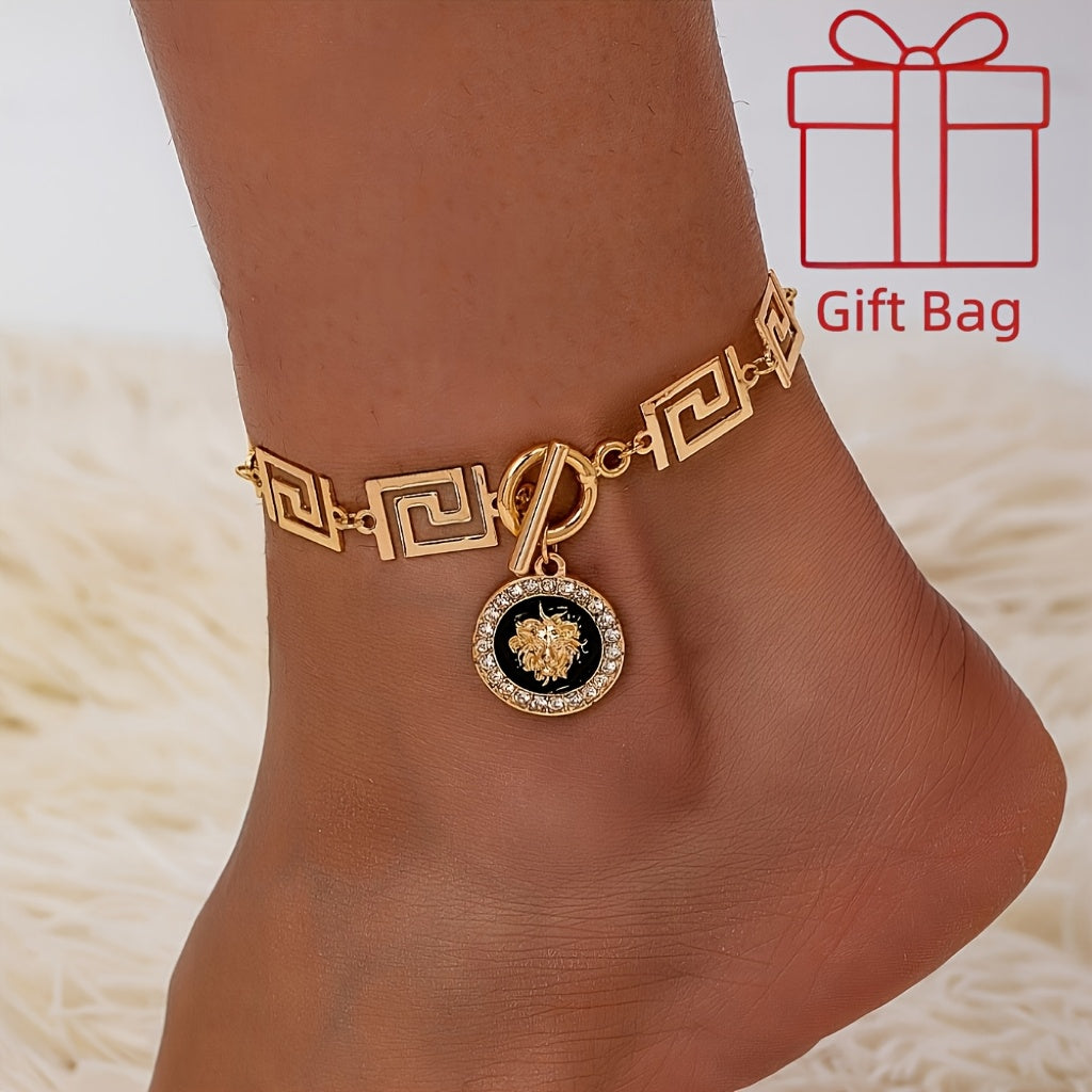 Golden Bohemian Lion Head Pendant Stainless Steel Ankle Chain, Paired with Black - Women's Fashion Casual Wear, Stainless Steel Chain, with a Gift Bag