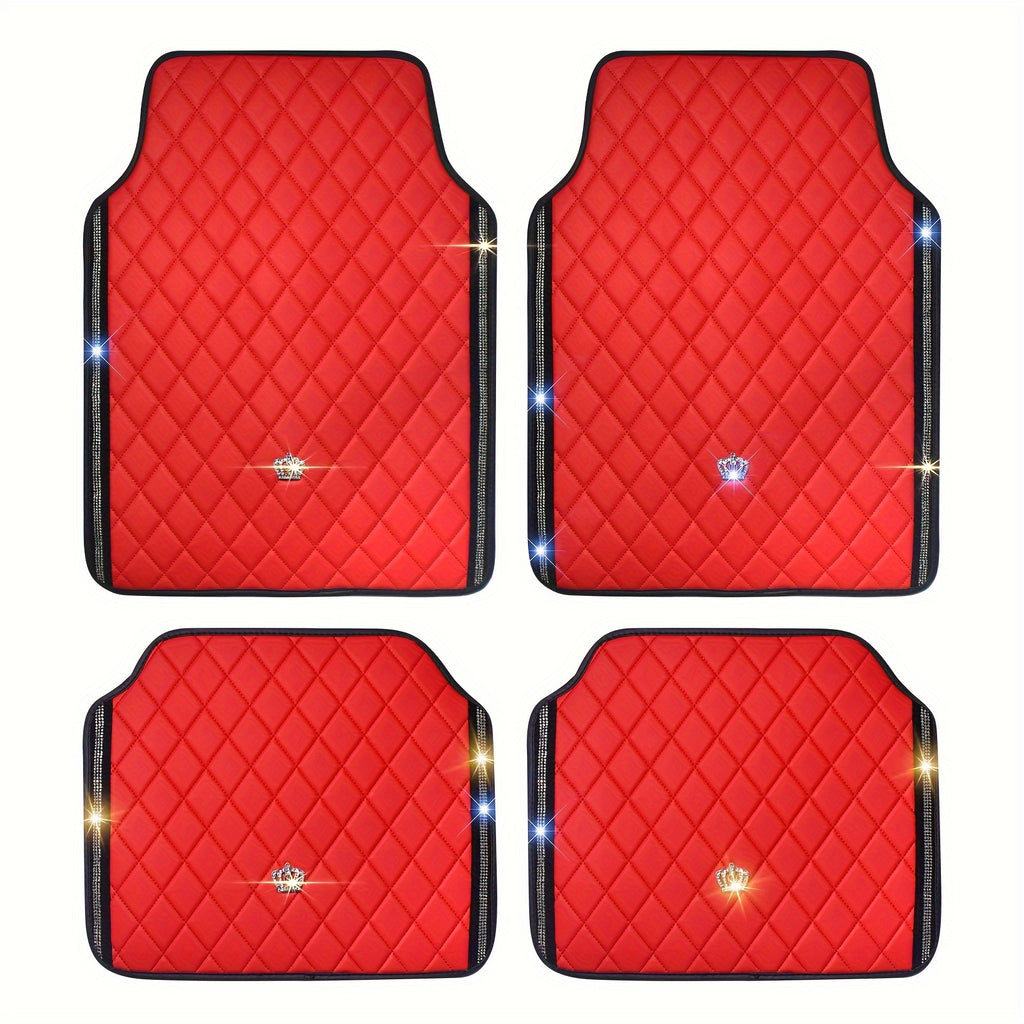Red Black PVC Embroidery Inlaid Glitter Glowing Crown Artificial Rhinestone Car Foot Pad Easy To Clean Unisex