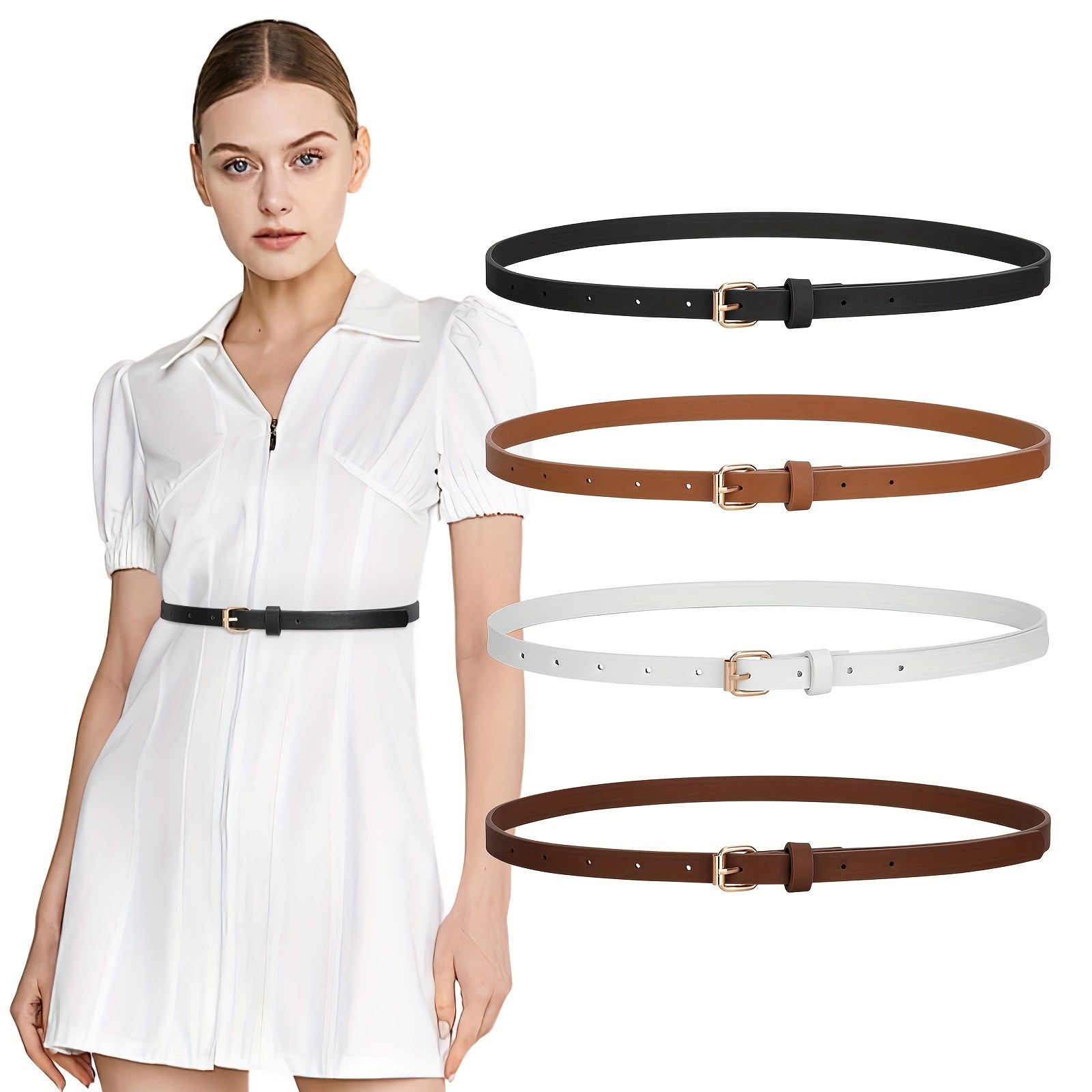 4pcs Tight Fitting Women'S Fashionable Sweet Dress with PU Belt, Jeans, Slim Waist Belt