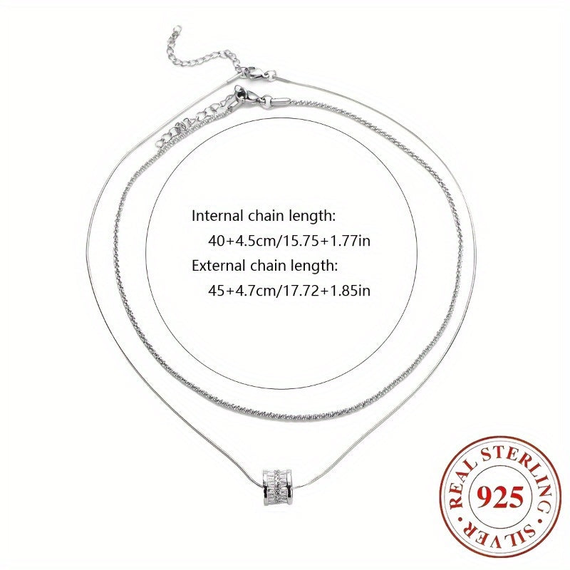 S925 Pure Silvery Elegant Double Layered Clavicle Chain Necklace for Women, Simple Fashion Sweater Chain with Synthetic Cubic Zirconia, Versatile for Daily & Gift Occasions, All Seasons