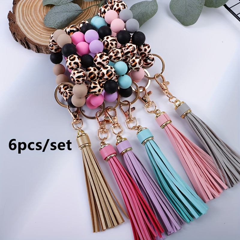 6pcs/set Leopard Print Wooden Bead String Wrist Key Ring Tassel Silicone Bead String Keychain Gift for Mom, Gift for Friends, Perfect Holiday Gift