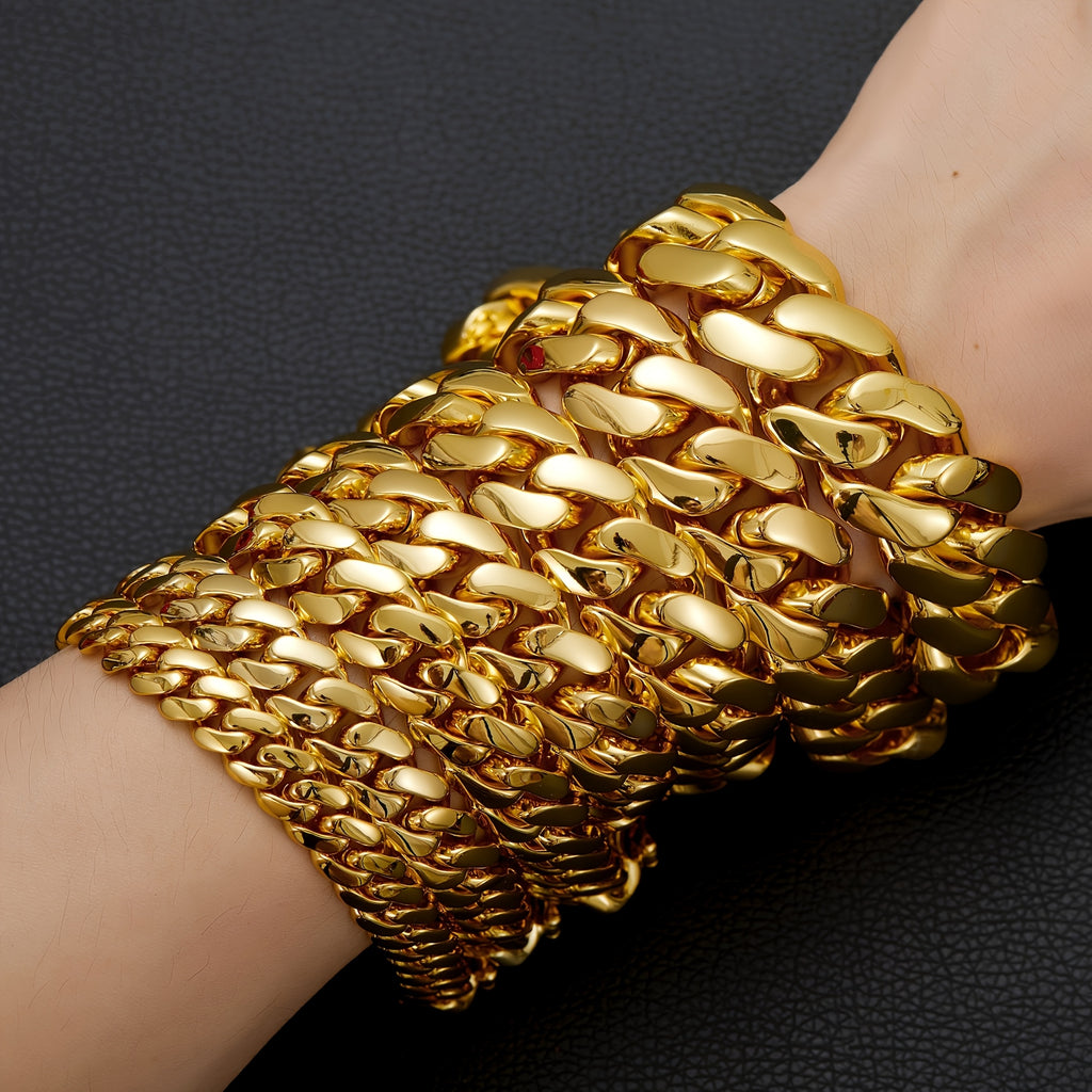 Men's 18K Gold Plated Cuban Chain Bracelet - 8/10/12/14/16/18/20/22mm Width Options, 18K Gold Plated Gold Plated Suitable for Daily Wear, Parties, Valentine's Gift, Events & Mardi Gras - Year-Round Luxury Accessory