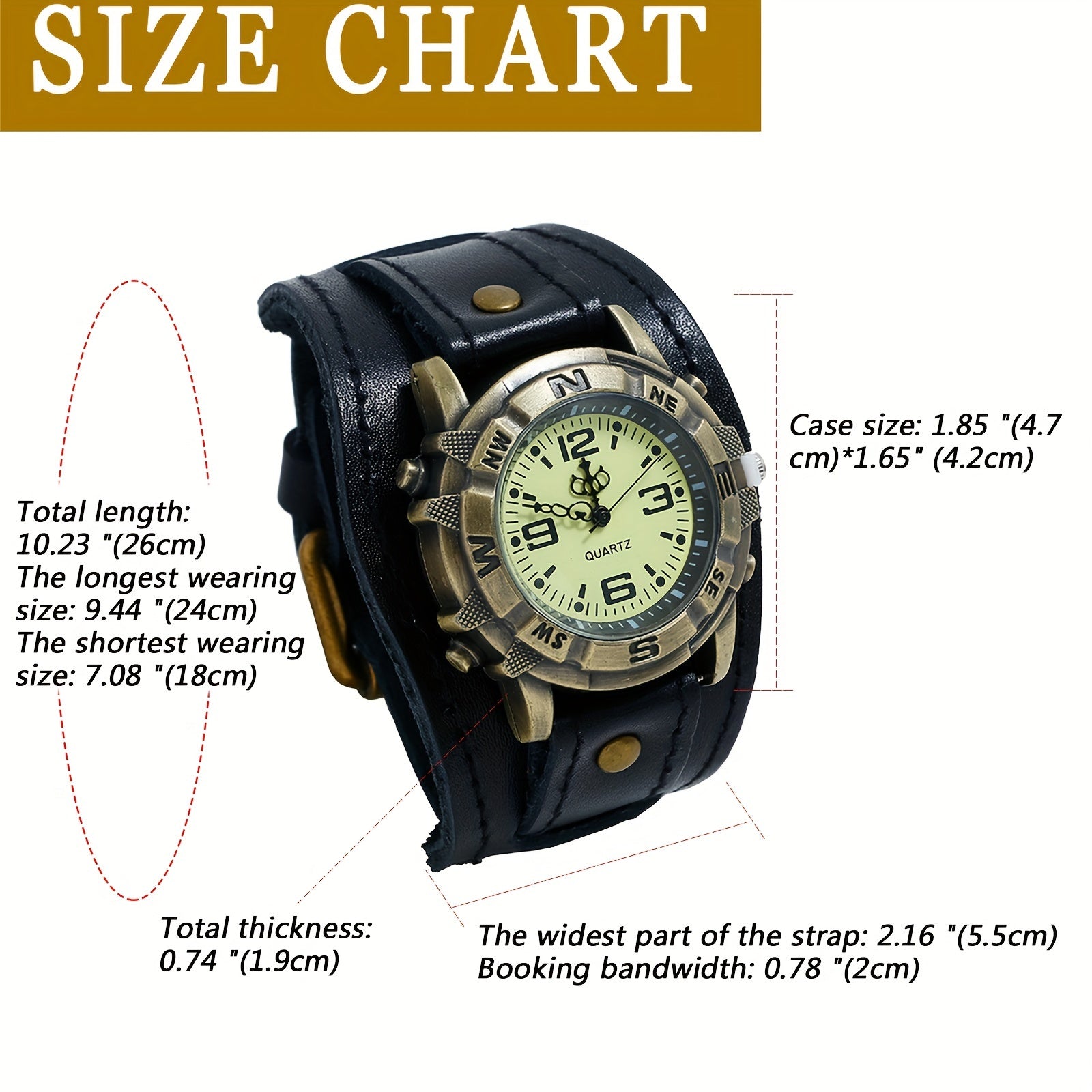 Vintage Steampunk Wide Leather Strap Analog Quartz Watch, Biker Watch, Round Case, For Men And Women, Halloween Christmas Father'S Day Mother'S Day Gift