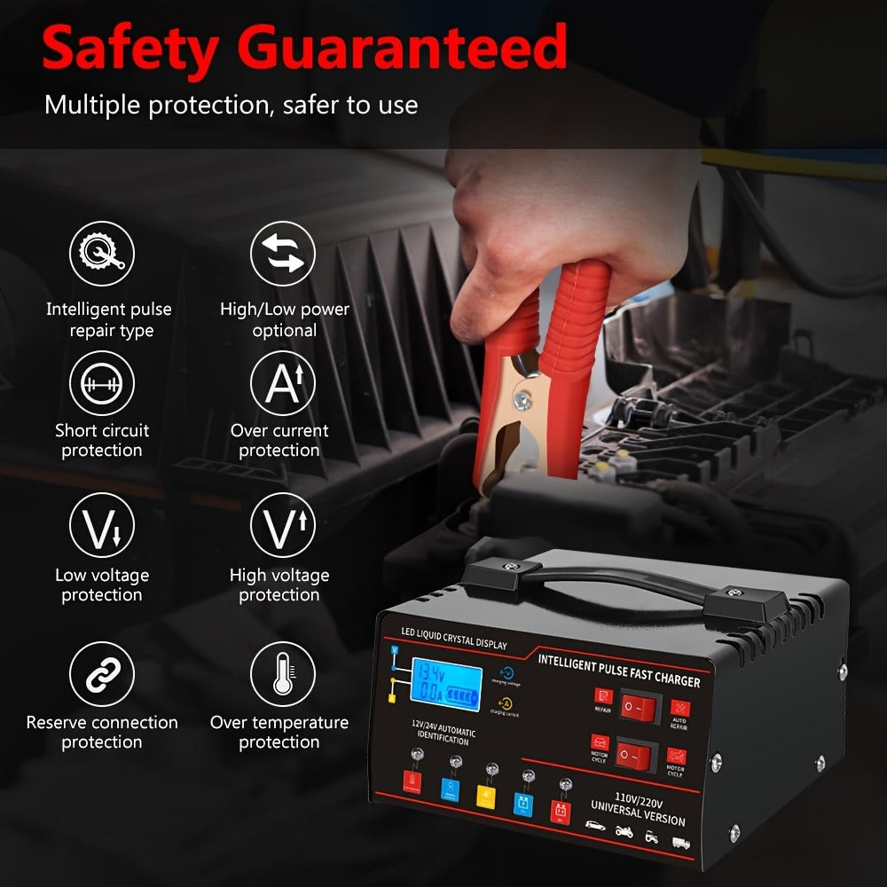 12V&24V Intelligent Universal Battery Charger With LCD Display, Smart Repair, Temperature Compensation, Overcharge And Short Circuit ProtectionSuitable For Intelligent Trickle Charging Of Cars, SUV, Trucks, Yachts, Motorcycles Battery Maintenance