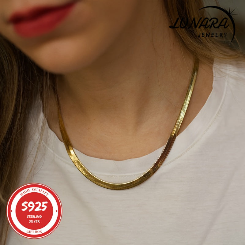2D Flat - 24K Golden Plated Necklace, 925 Sterling Silver Necklaces, 3.5mm Herringbone Flat Snake Magic Chain Necklace For Women & Men With A Gift Box, Perfect Valentine'S Day Gift