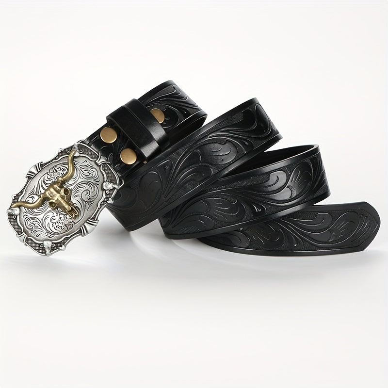 2pcs Men'S Western Cowboy Faux Leather Belts with Bull Buckle | Durable Embossed Floral Design in Black & Brown - Perfect for Western Events, Parties & Gifts | Brand: VERSDO, Buckle Material: Zinc Alloy Golden