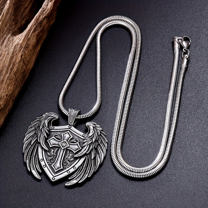 316L Titanium 316L Stainless Steel High Detailed Angel Wings Cross Shield Pendant Men's Hip Hop Necklace Jewelry Gift