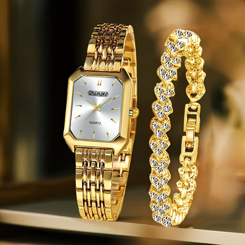 2pcs Women's Elegant Retro Watch Set - Luxury Heart Chain Quartz Watch with Rectangular Dial & Stainless, Court Style Analog Wristwatches for Easter, Wedding, or Casual Attire - Classic Timepiece Gift